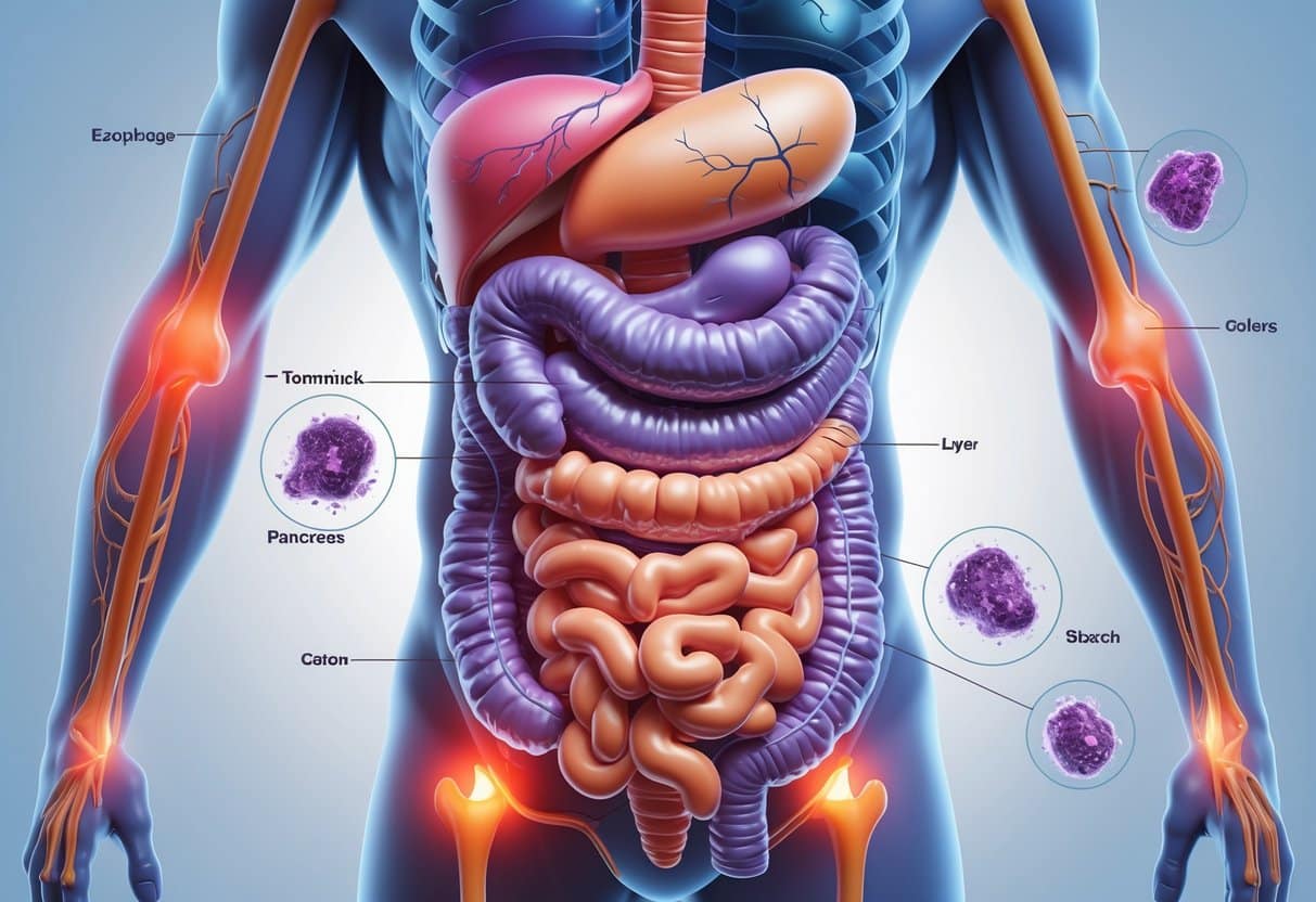 Illustration of the human digestive system highlighting areas affected by digestive cancers and disorders.