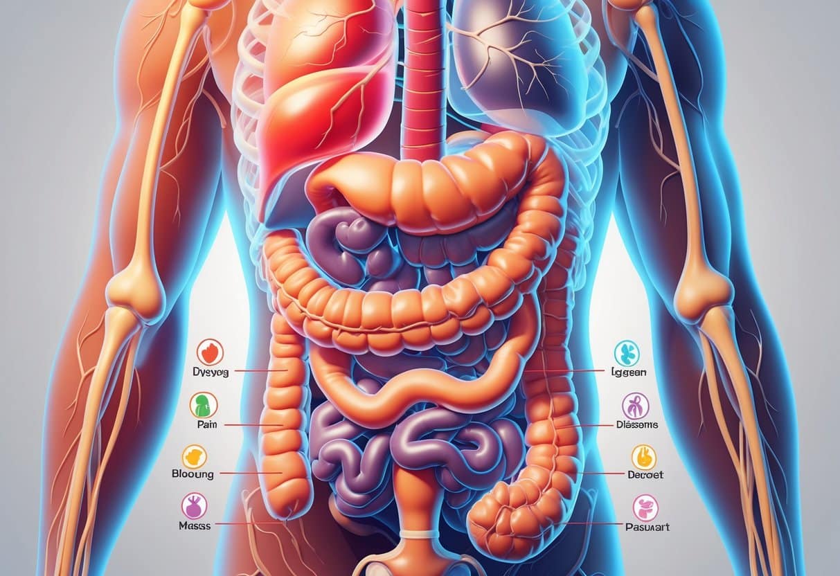 Illustration of the human digestive system highlighting organs with visual indicators representing symptoms and warning signs of digestive disorders.