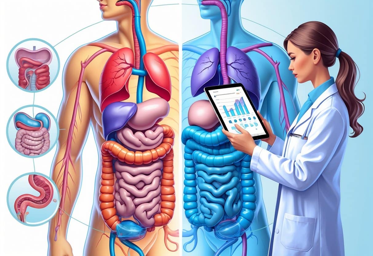 Illustration of a male and female torso showing the digestive system with a doctor examining diagnostic images of digestive disorders.