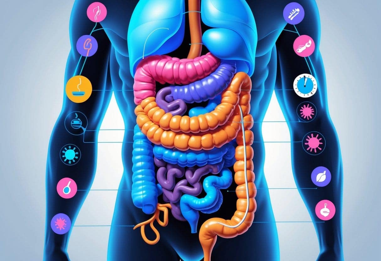 A detailed illustration of the human digestive system inside a torso with surrounding icons representing risk factors like smoking, unhealthy food, stress, irregular eating, and infections.