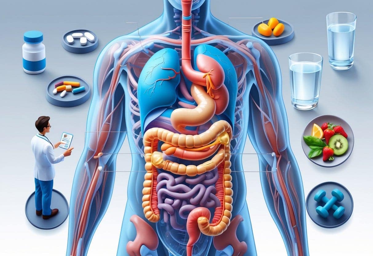 A human torso showing the digestive system with surrounding elements representing medical treatment, healthy diet, and exercise for managing digestive disorders.