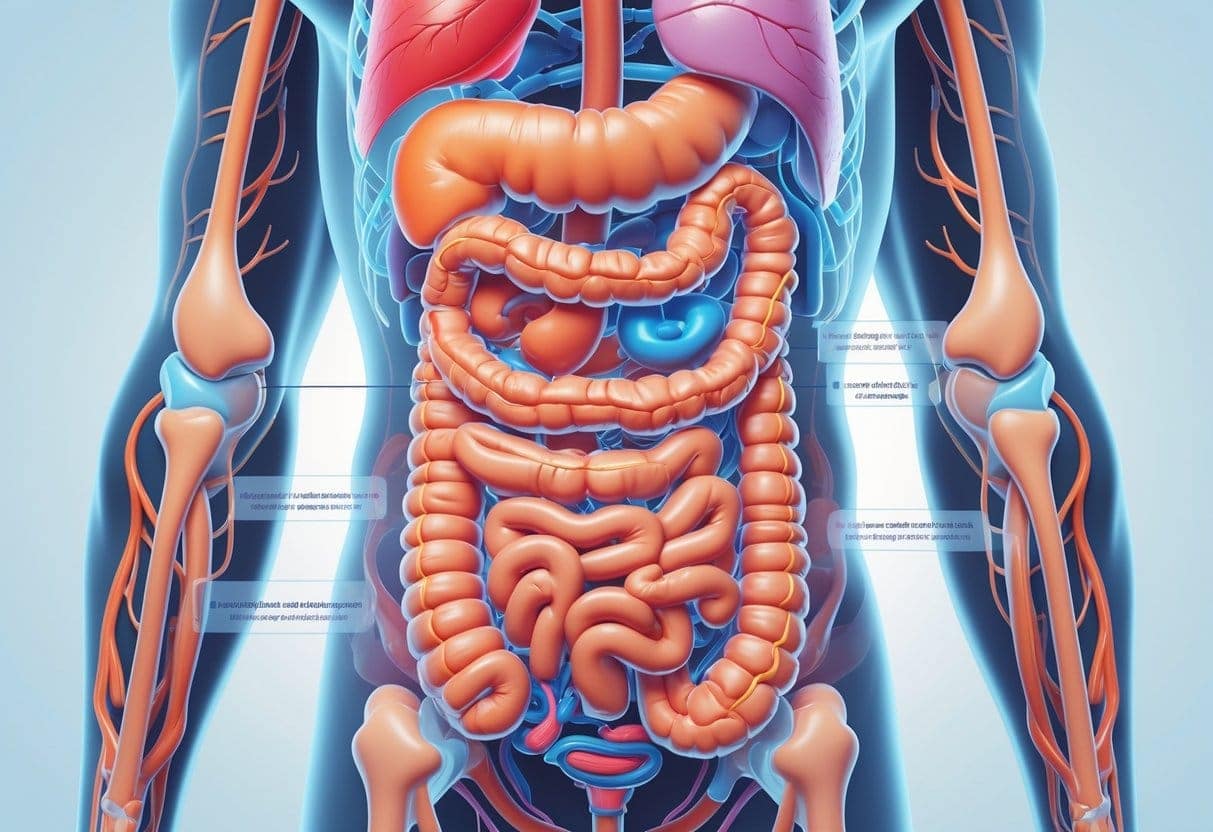 An illustration of the human digestive system highlighting key organs like the stomach and intestines with areas showing signs of discomfort or inflammation.