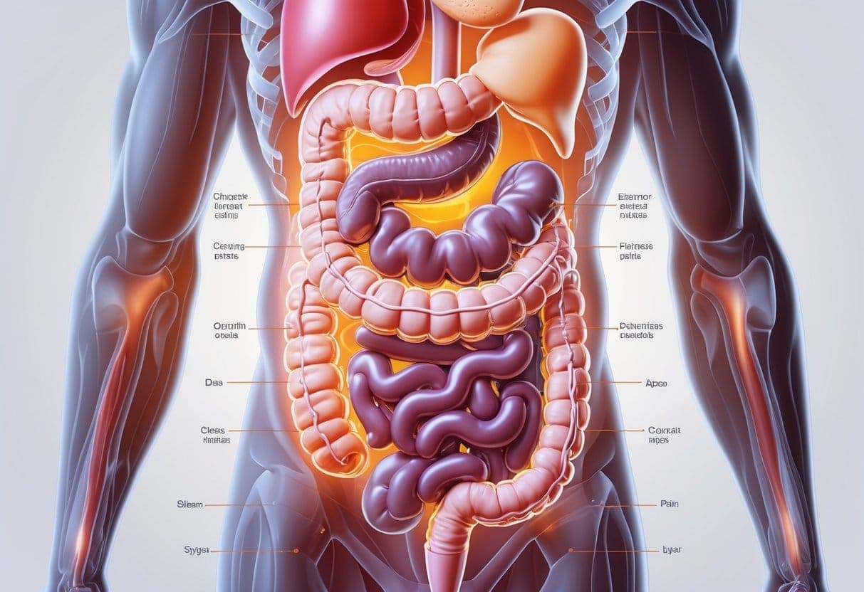 Illustration of a human torso showing the digestive system with highlighted areas indicating common digestive disorder symptoms.