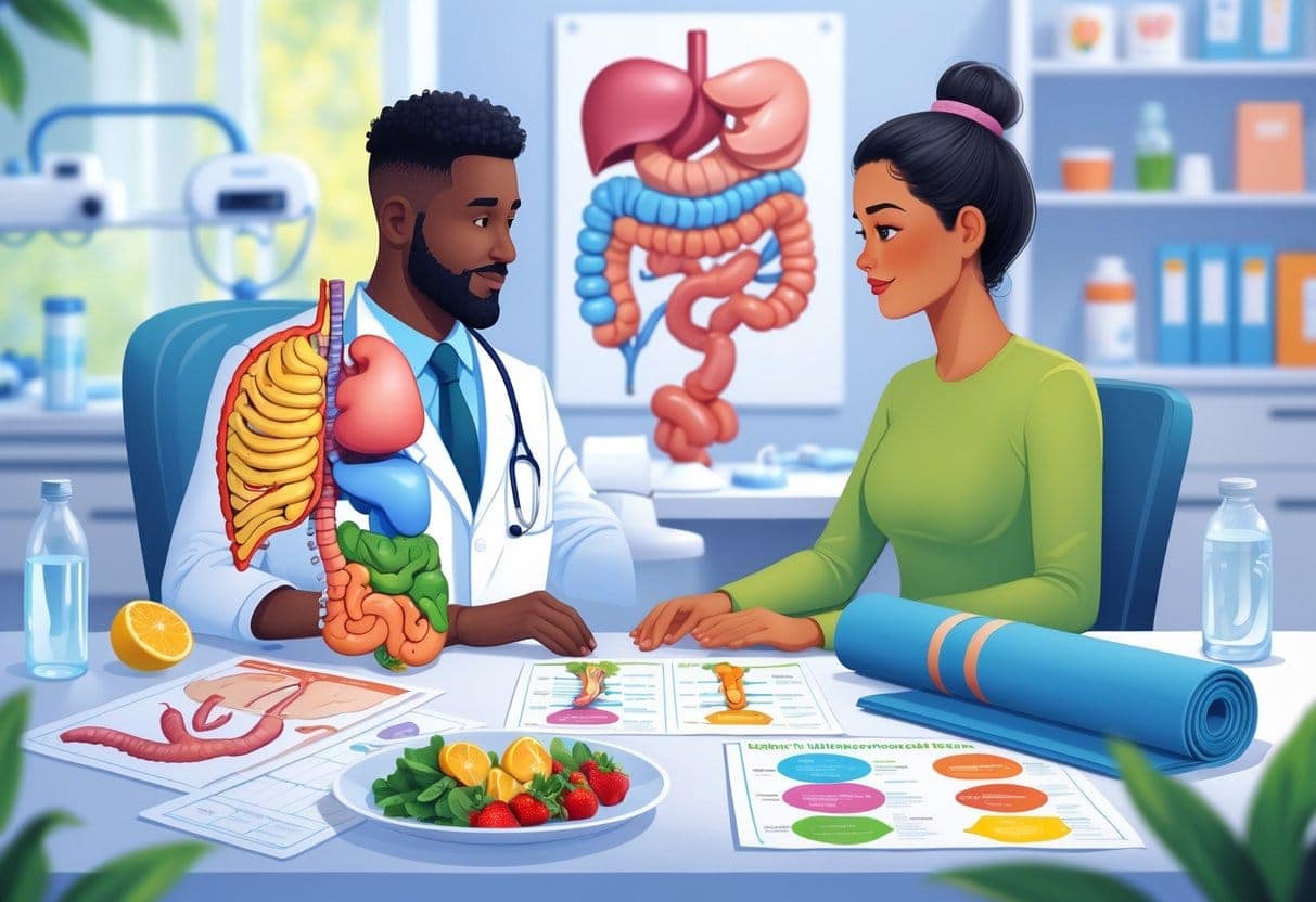 A doctor and patient discussing digestive health with anatomical models and healthy lifestyle items on the desk in a medical office.