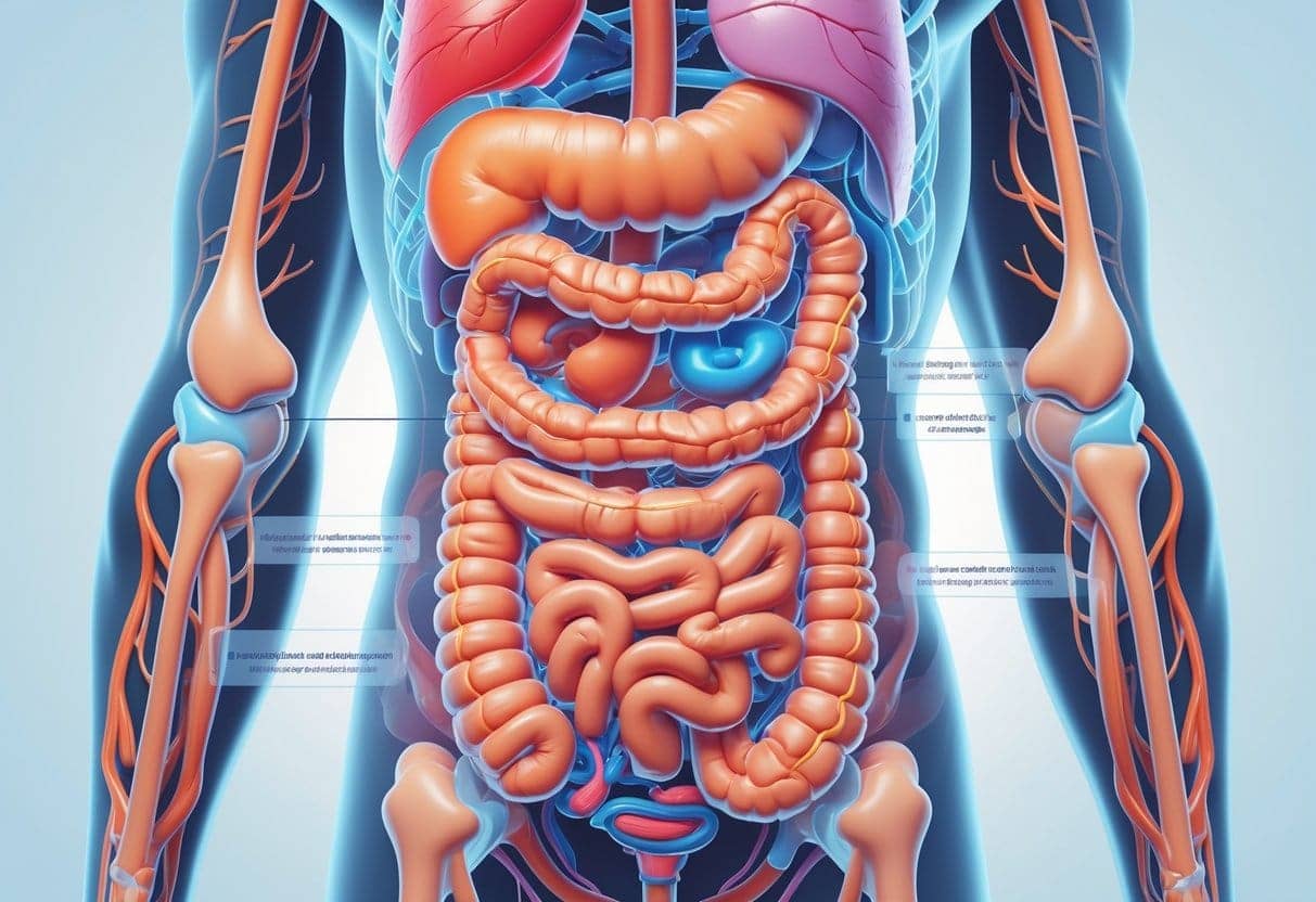 An illustration of the human digestive system highlighting key organs like the stomach and intestines with areas showing signs of discomfort or inflammation.